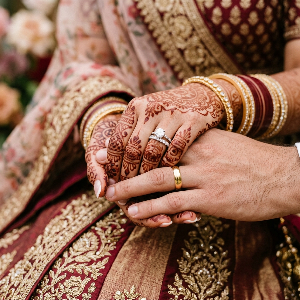 Henna hands and wedding rings details